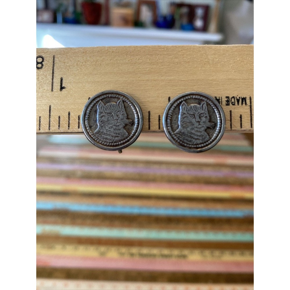 VINTAGE Silver Cat Screw Back Earrings Crazy Cat Ladies 1950s Mid Century